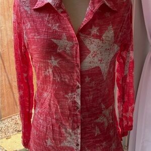 David Cline Pink Coral Melon Star Pattern Snap Front Shirt